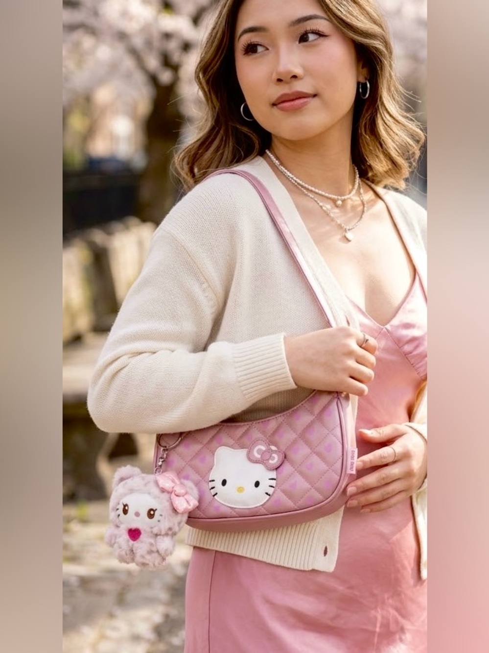 Vintage Sanrio Hello Kitty Shoulder Bag Metallic Pink Quilted Purse w Charm